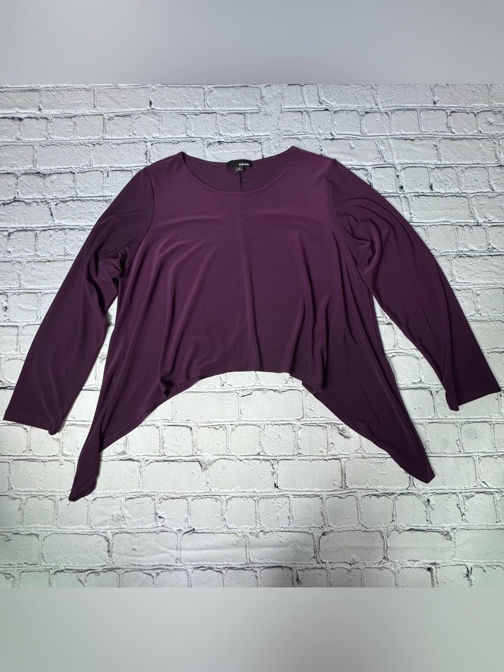 Sun Kim Deep Plum Lagenlook Assymetrical Handkerchief Hem Long Sleeve Top Size M